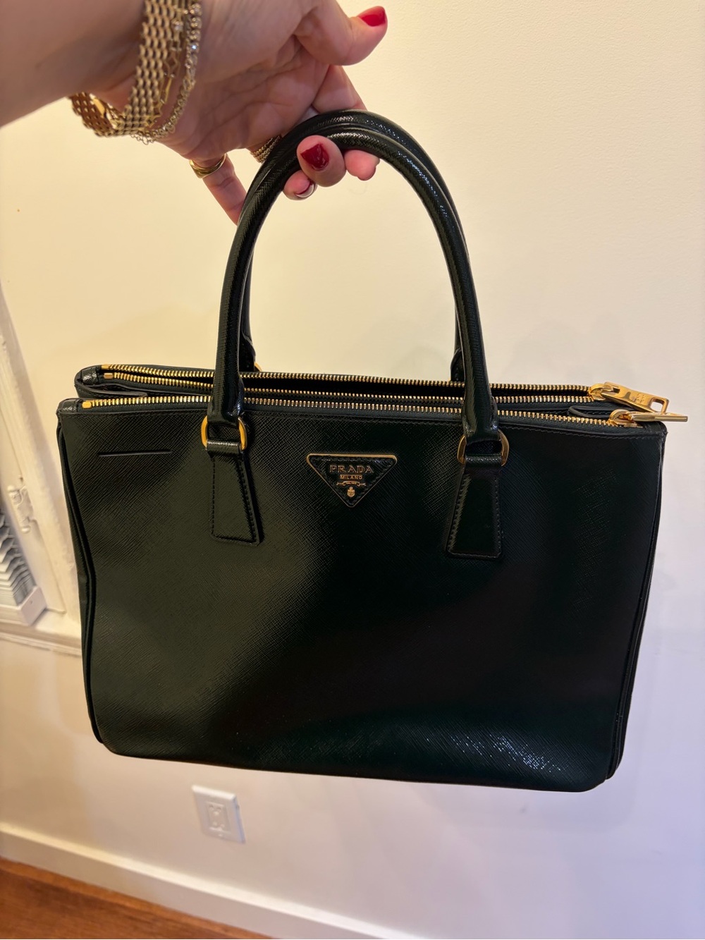 Prada Forrest Green Saffiano Leather Double-Zip Galleria Bag